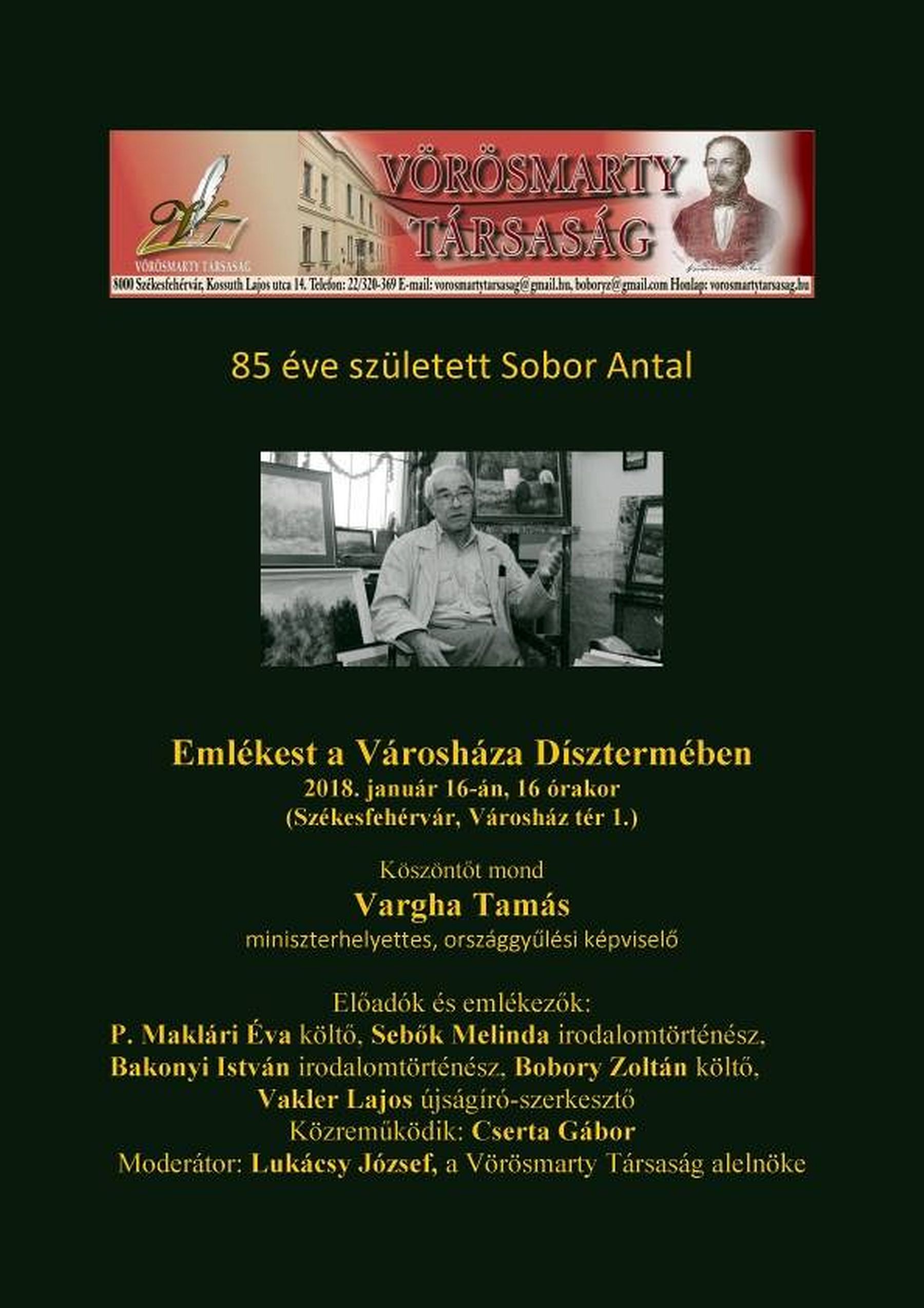 Születésének 85. évfordulóján Sobor Antalra emlékeznek a Városháza Dísztermében